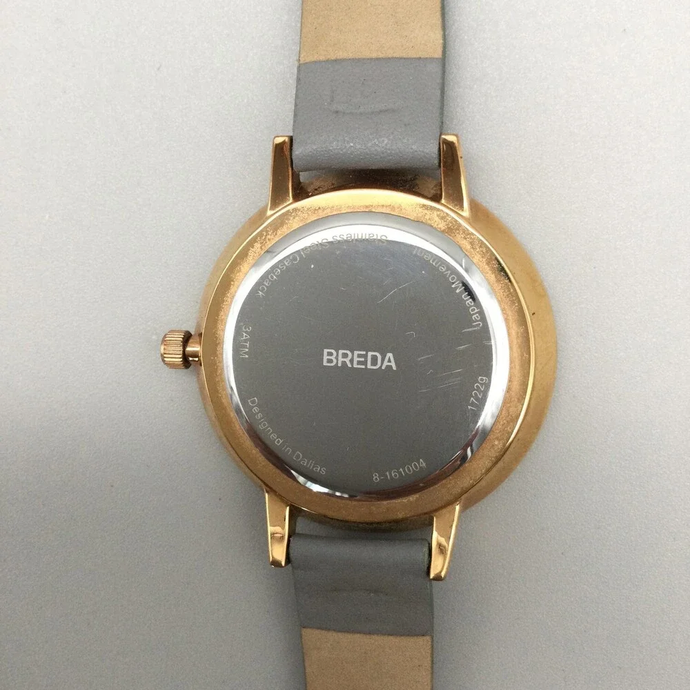 Breda Womens Watch 37mm Silver Gold Tone Gray Leather Strap New Battery